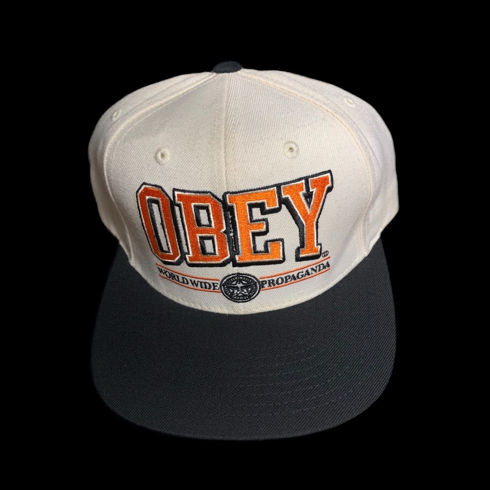 Obey Two-Tone Snapback Hat - Cream, Black & Orange Logo